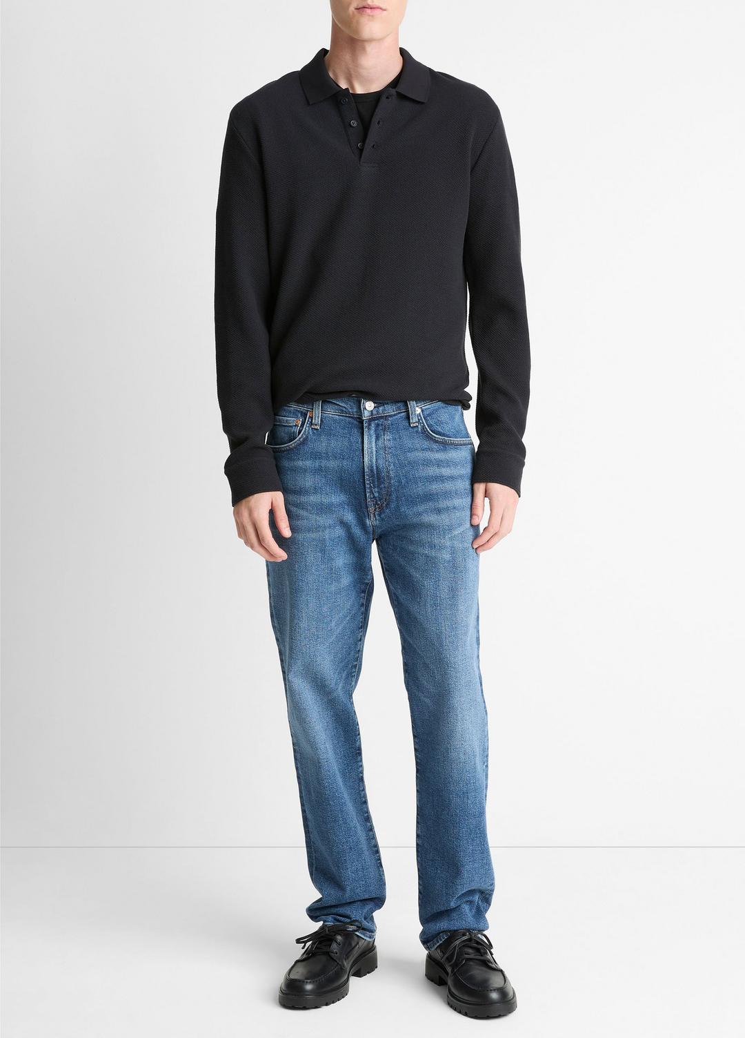 Basket-Weave Cotton Long-Sleeve Polo Shirt in Henleys & Polos - COASTAL BLUE