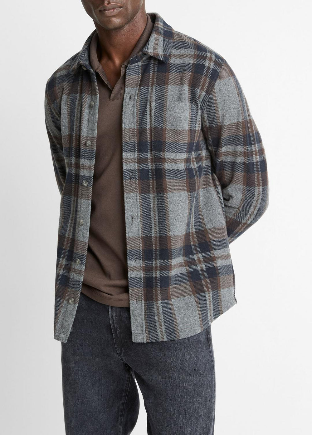 Plaid Cotton-Blend Shirt Jacket in Shirt Jackets - MEDIUM HEATHER GREY COMBO