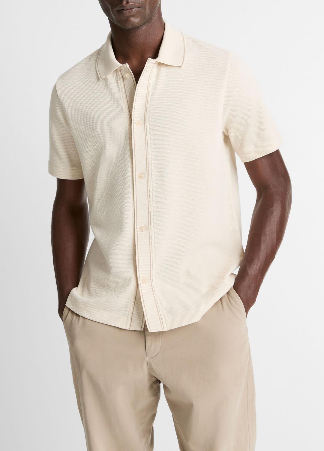 Jacquard-Knit Cotton Short-Sleeve Button-Front Shirt in Short Sleeve - BONE/RIVER SAND