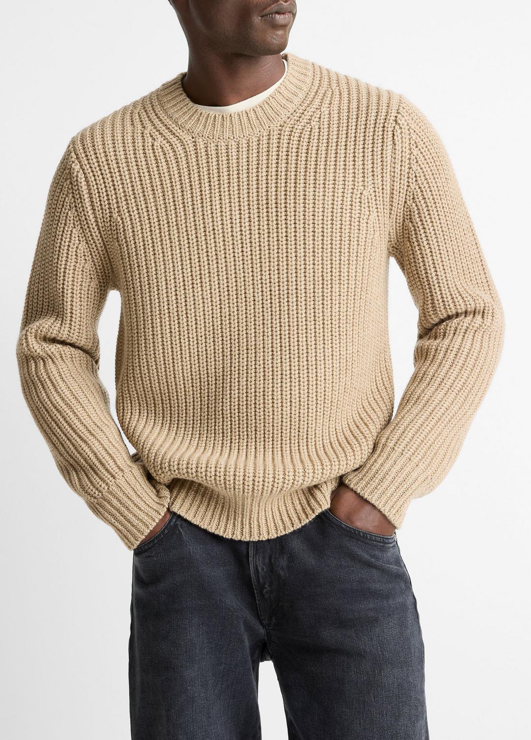 Utility Shaker Merino Wool Sweater in Crew Neck - HEATHER RIVER SAND