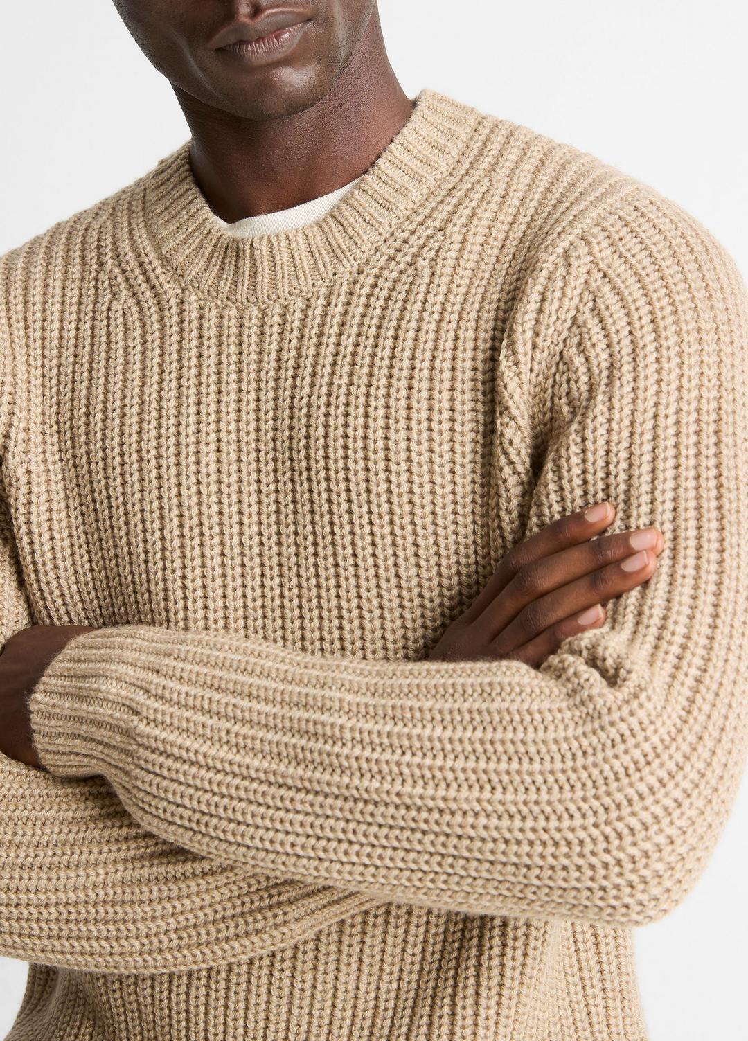 Utility Shaker Merino Wool Sweater in Crew Neck - HEATHER RIVER SAND