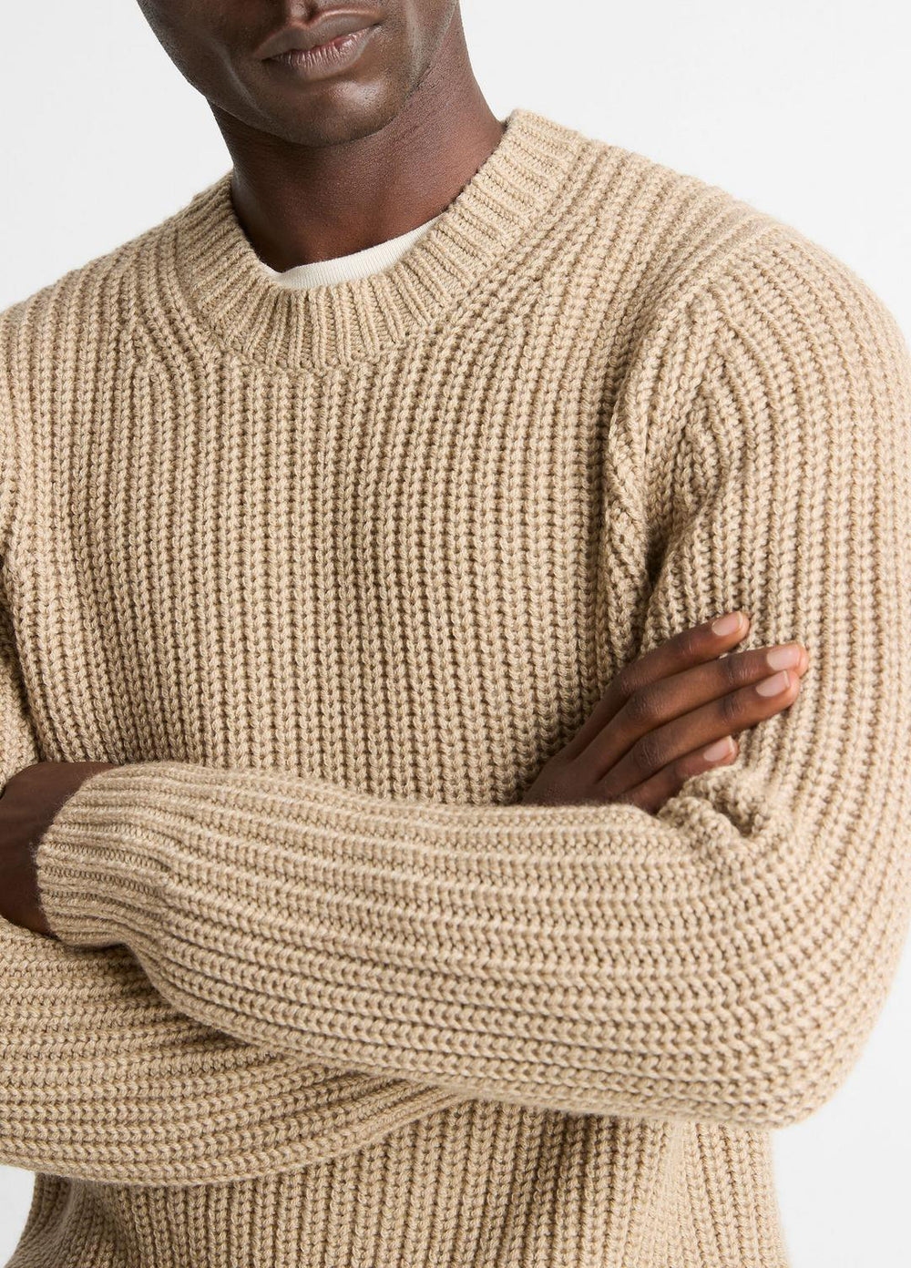 Utility Shaker Merino Wool Sweater in Crew Neck - HEATHER RIVER SAND