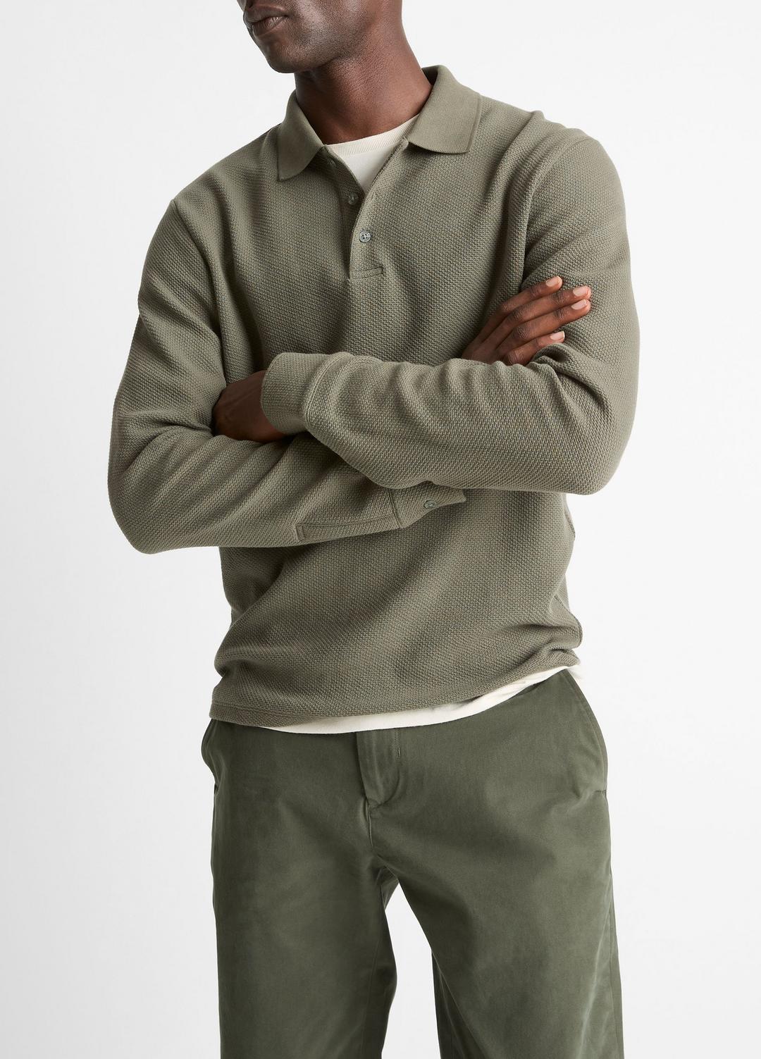 Basket-Weave Cotton Long-Sleeve Polo Shirt in Henleys & Polos - SYCAMORE