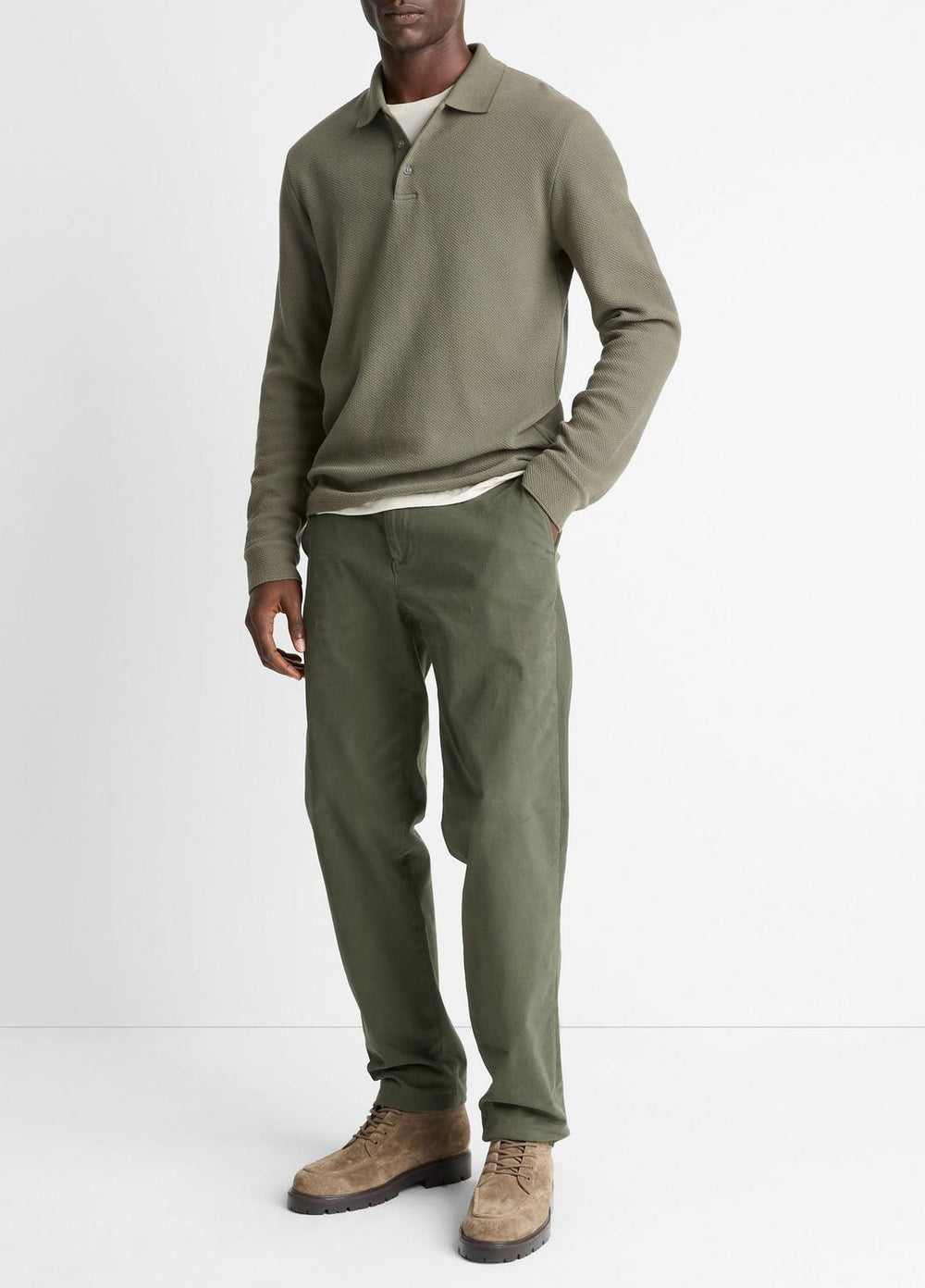 Basket-Weave Cotton Long-Sleeve Polo Shirt in Henleys & Polos - SYCAMORE