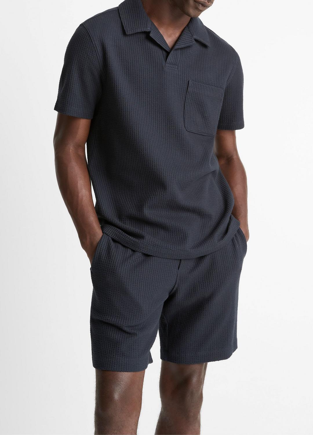 Seersucker-Knit Stretch-Cotton Short-Sleeve Johnny-Collar Shirt in Short Sleeve - COASTAL BLUE