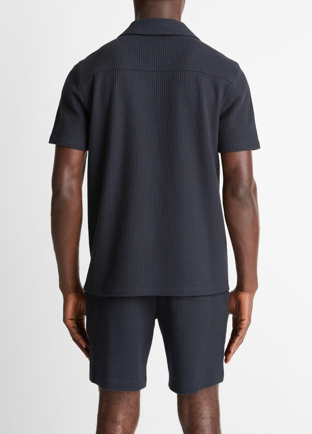 Seersucker-Knit Stretch-Cotton Short-Sleeve Johnny-Collar Shirt in Short Sleeve - COASTAL BLUE