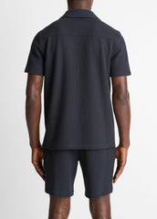 Seersucker-Knit Stretch-Cotton Short-Sleeve Johnny-Collar Shirt in Short Sleeve - COASTAL BLUE