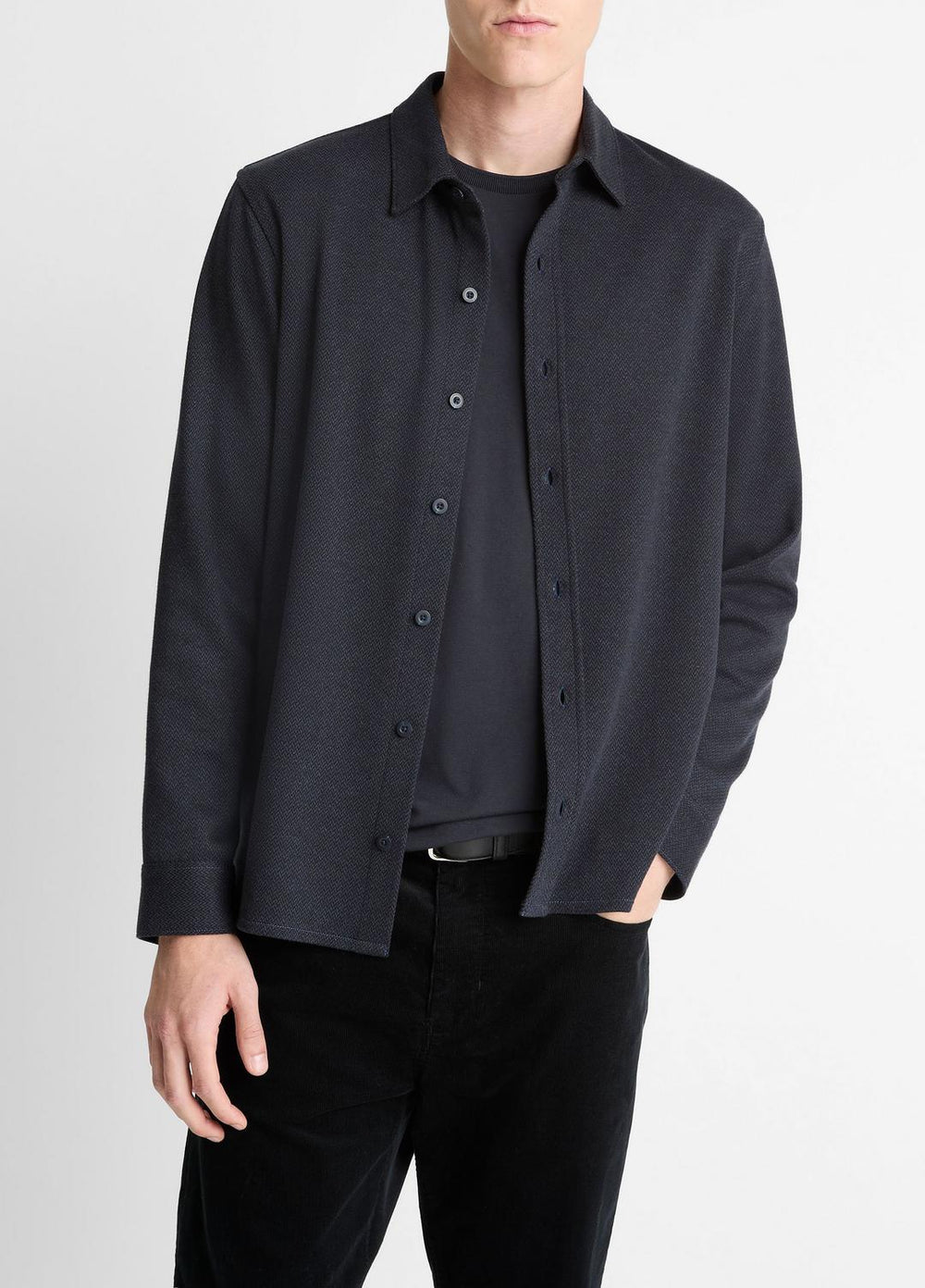 Herringbone Cotton-Blend Button-Front Shirt in Long Sleeve - COASTAL BLUE