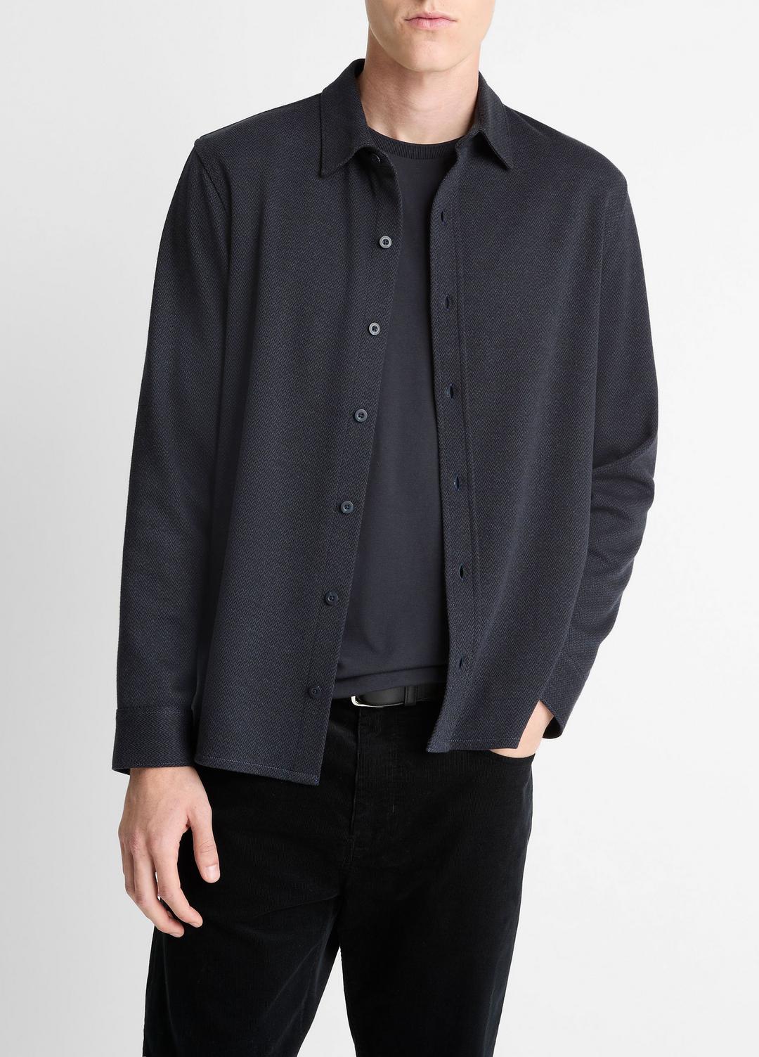 Herringbone Cotton-Blend Button-Front Shirt in Long Sleeve - COASTAL BLUE