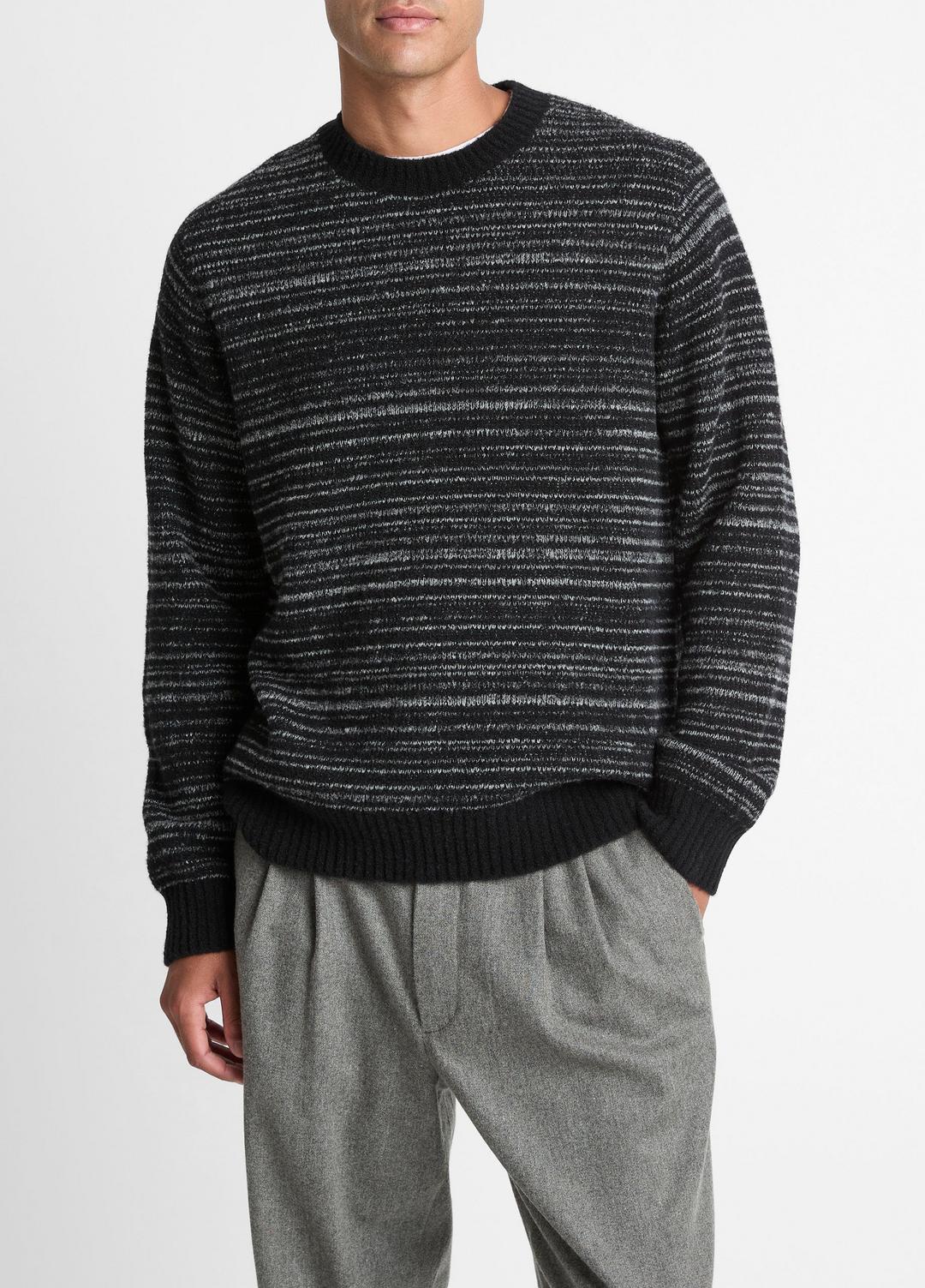 Marled Stripe Merino Wool-Blend Sweater in Crew Neck - BLACK/MEDIUM HEATHER GREY