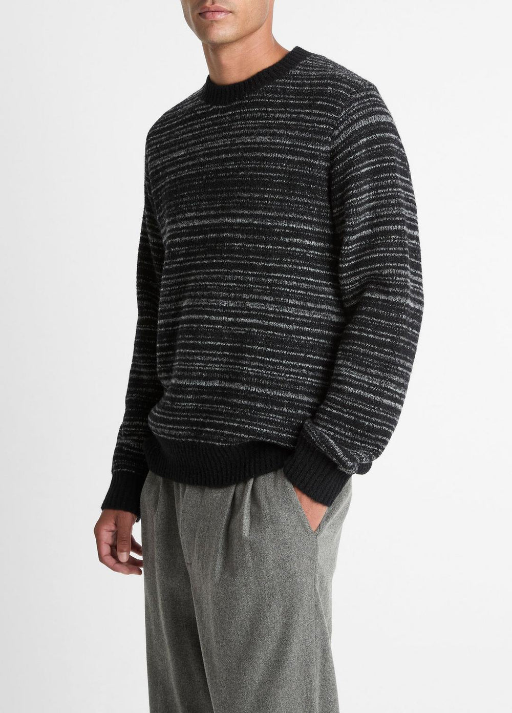 Marled Stripe Merino Wool-Blend Sweater in Crew Neck - BLACK/MEDIUM HEATHER GREY