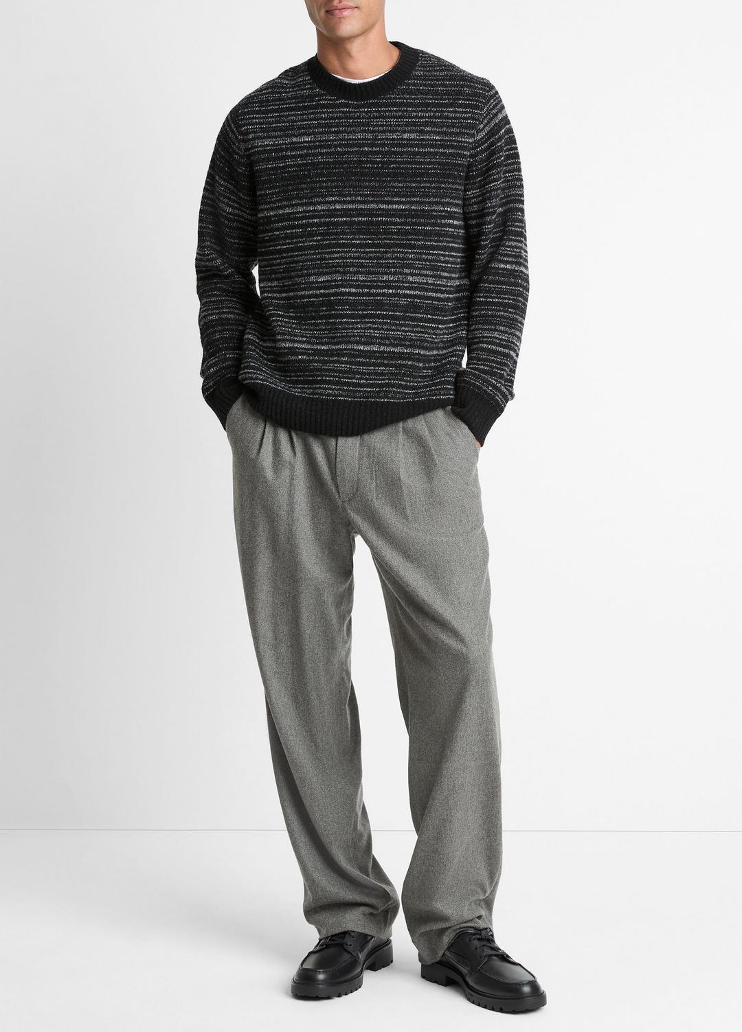 Marled Stripe Merino Wool-Blend Sweater in Crew Neck - BLACK/MEDIUM HEATHER GREY