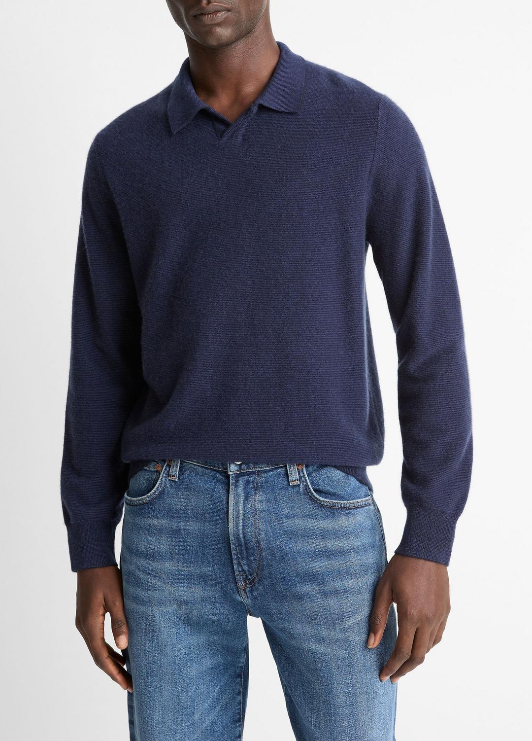 Feed Stripe Plush Cashmere Johnny-Collar Sweater in Cashmere - COASTAL BLUE/DARK SAPPHIRE