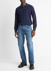 Feed Stripe Plush Cashmere Johnny-Collar Sweater in Cashmere - COASTAL BLUE/DARK SAPPHIRE
