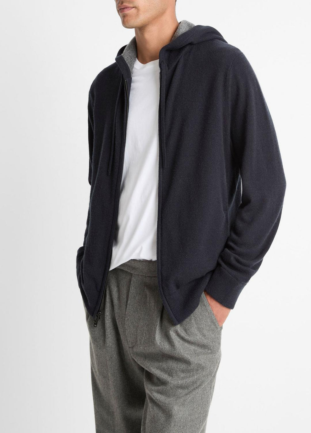 Cashmere Zip-Front Hoodie in Cashmere - COASTAL BLUE/MEDIUM HEATHER GREY