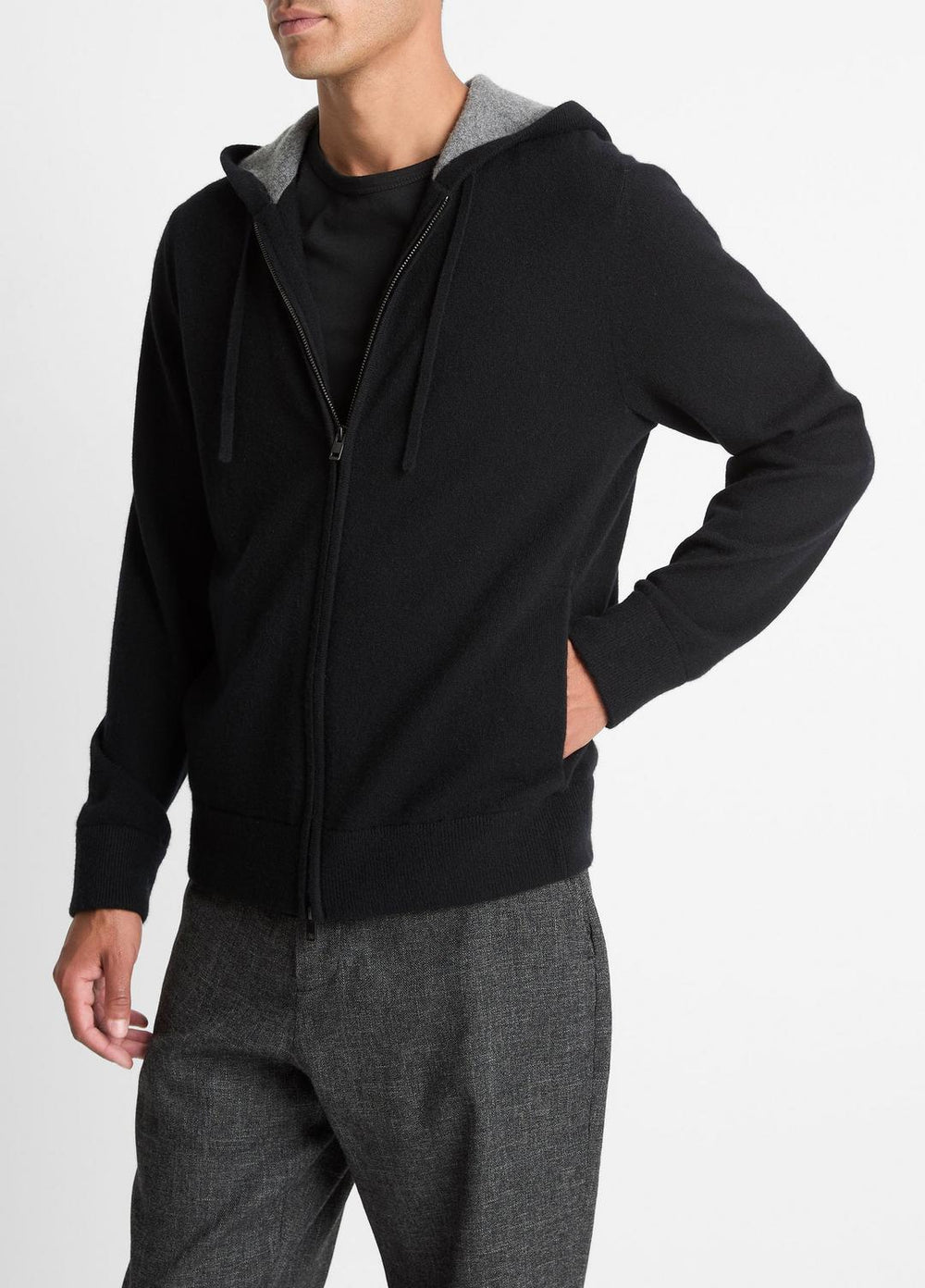 Cashmere Zip-Front Hoodie in Cashmere - BLACK/MEDIUM HEATHER GREY