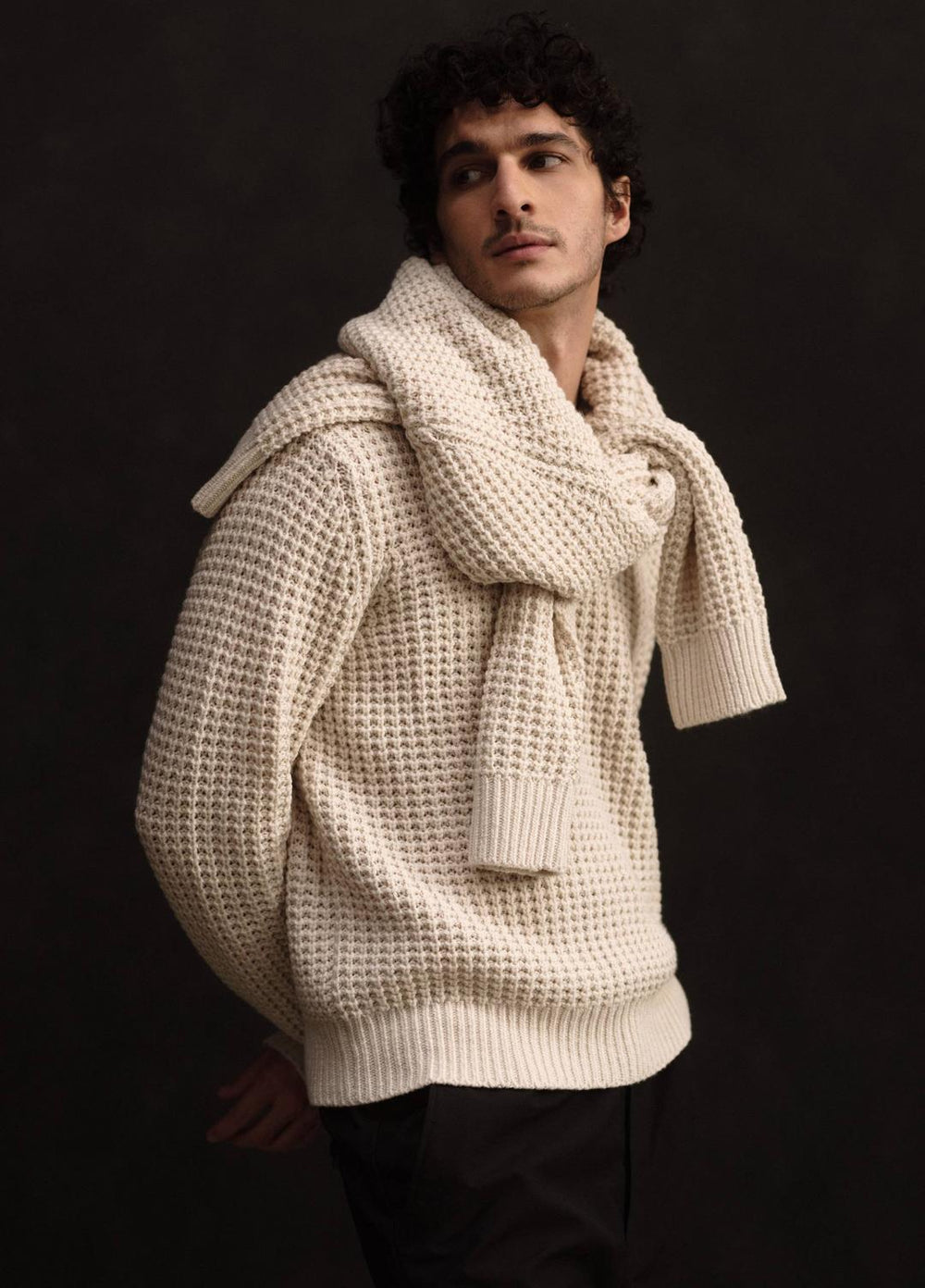 Macro-Waffle Crew Neck Sweater in Crew Neck - PEBBLE WHITE