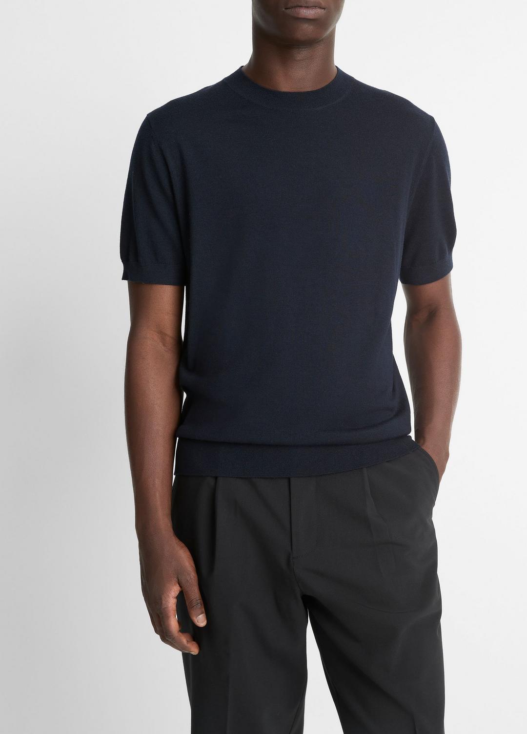 Featherweight Merino Wool-Cashmere Short-Sleeve Sweater in Crew Neck - COASTAL BLUE