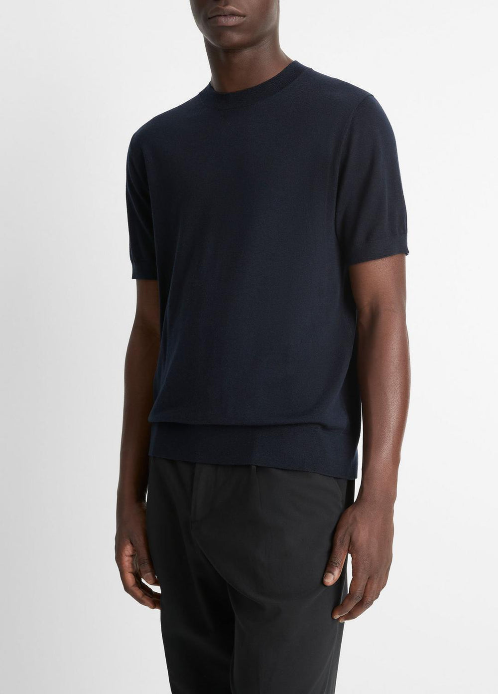 Featherweight Merino Wool-Cashmere Short-Sleeve Sweater in Crew Neck - COASTAL BLUE