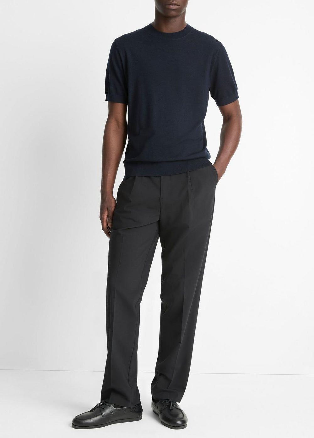 Featherweight Merino Wool-Cashmere Short-Sleeve Sweater in Crew Neck - COASTAL BLUE