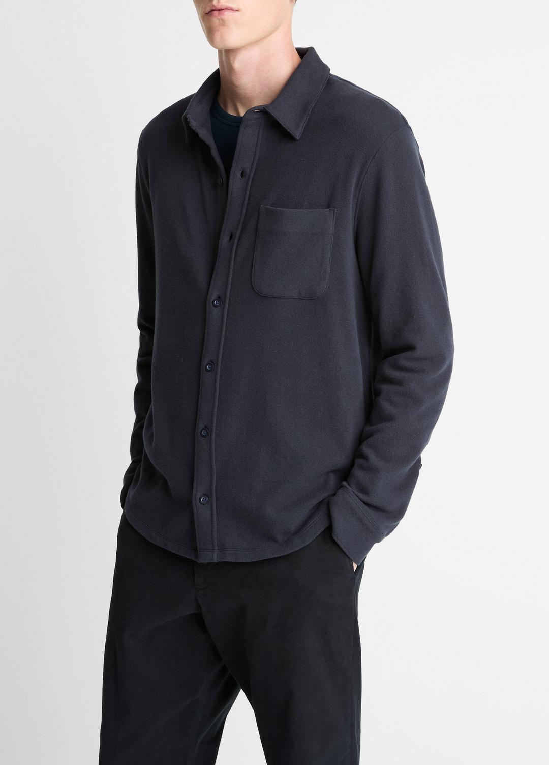 Knit Cotton-Blend Button-Front Shirt in Long Sleeve - COASTAL BLUE