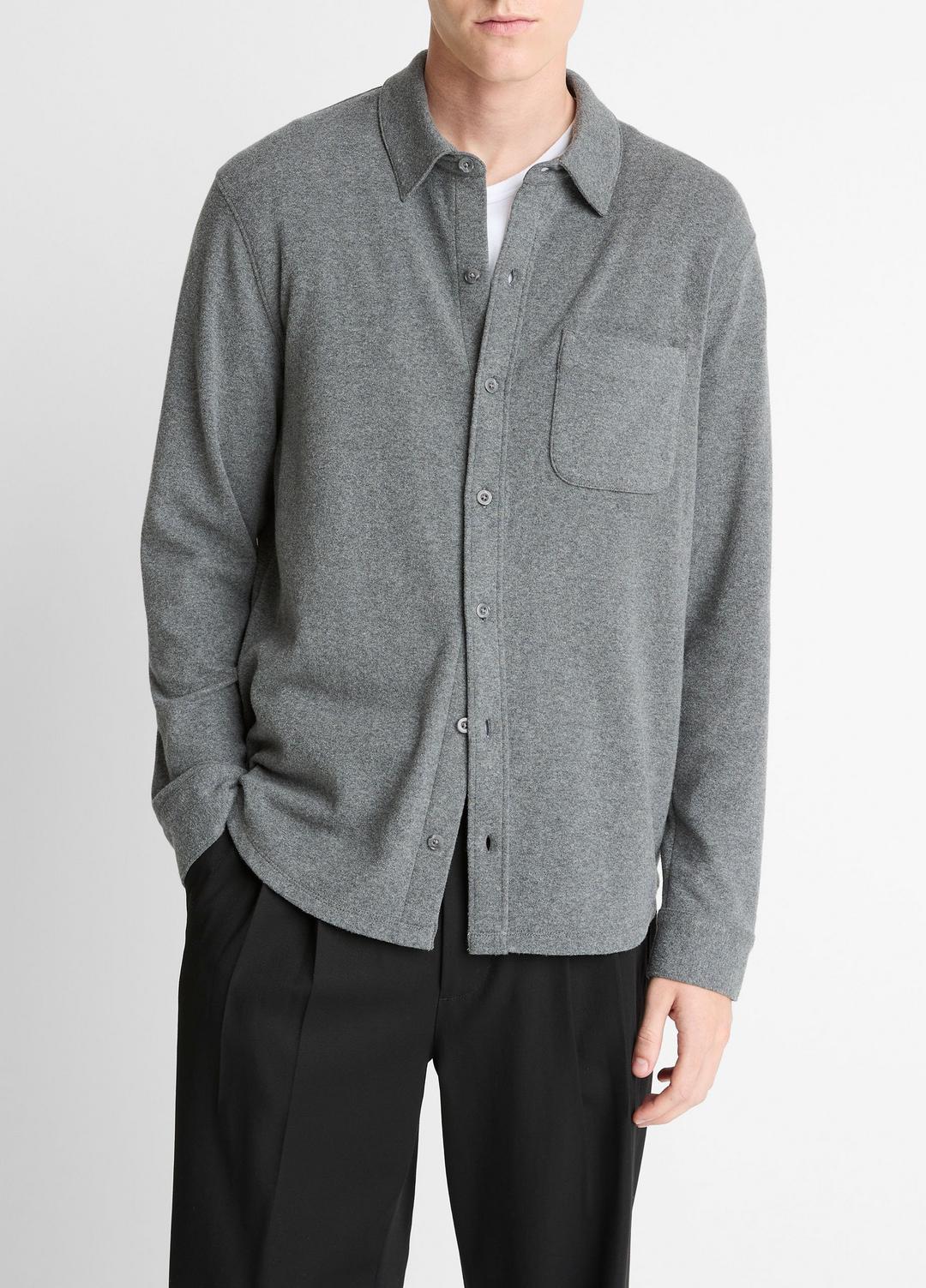 Knit Cotton-Blend Button-Front Shirt in Long Sleeve - MEDIUM HEATHER GREY