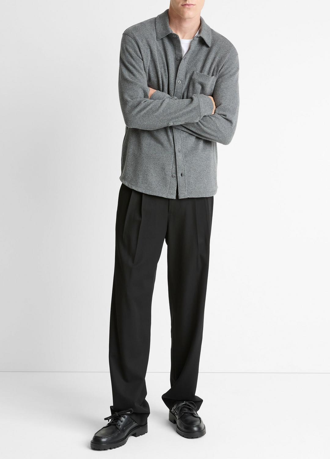 Knit Cotton-Blend Button-Front Shirt in Long Sleeve - MEDIUM HEATHER GREY