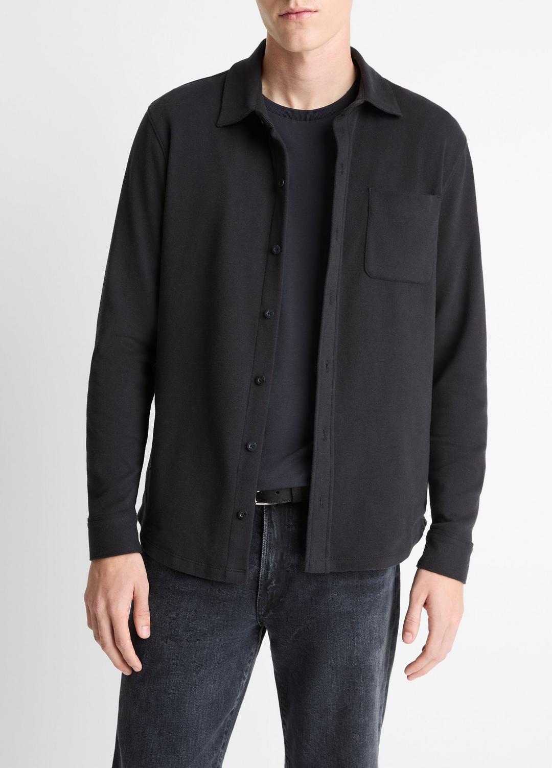 Knit Cotton-Blend Button-Front Shirt in Long Sleeve - BLACK