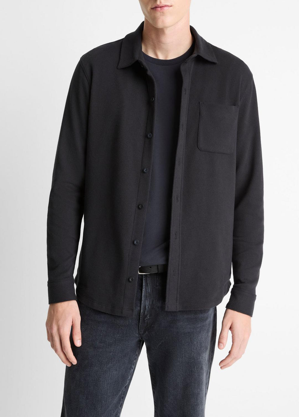 Knit Cotton-Blend Button-Front Shirt in Long Sleeve - BLACK