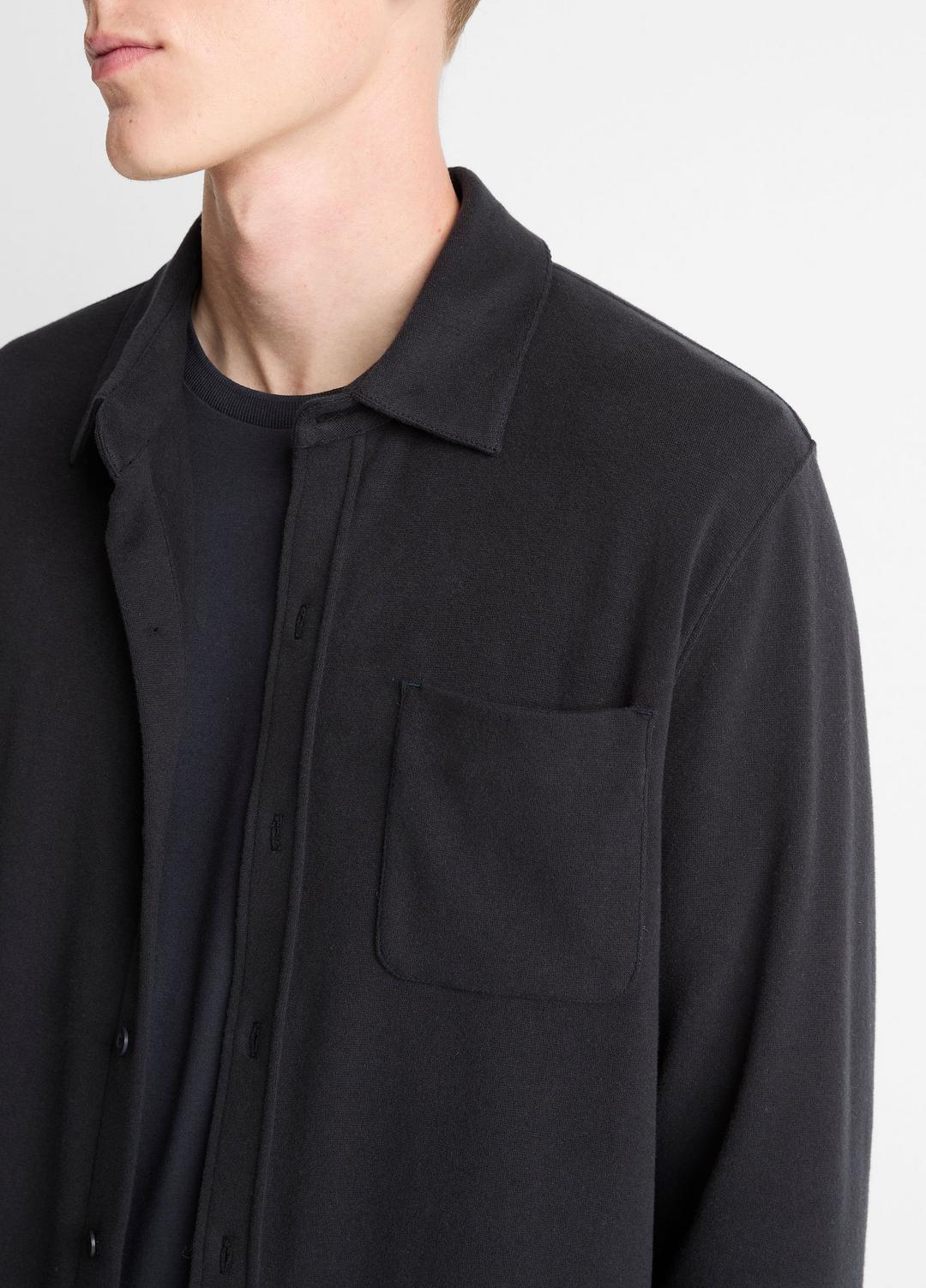 Knit Cotton-Blend Button-Front Shirt in Long Sleeve - BLACK