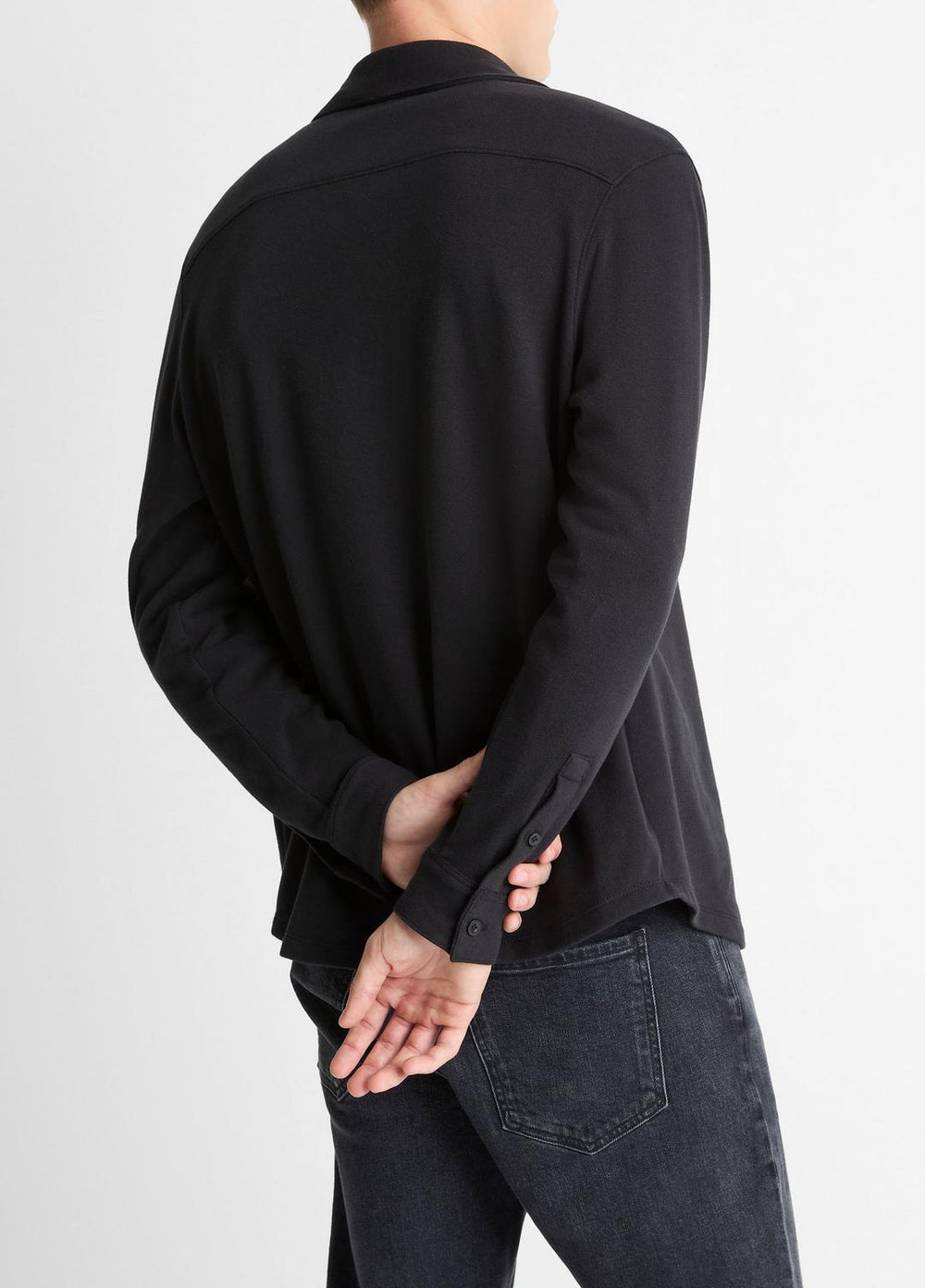 Knit Cotton-Blend Button-Front Shirt in Long Sleeve - BLACK