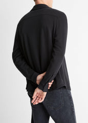 Knit Cotton-Blend Button-Front Shirt in Long Sleeve - BLACK