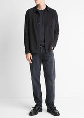Knit Cotton-Blend Button-Front Shirt in Long Sleeve - BLACK