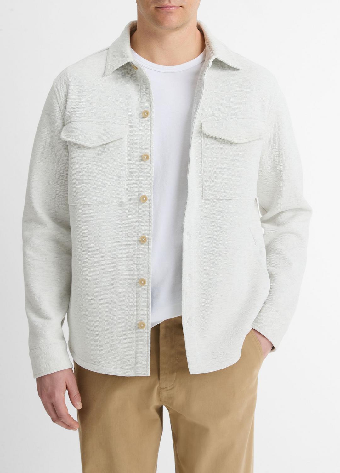 Double-Knit Cotton-Blend Piqué Shirt Jacket in Shirt Jackets - HEATHER WHITE/LIGHT HEATHER GREY