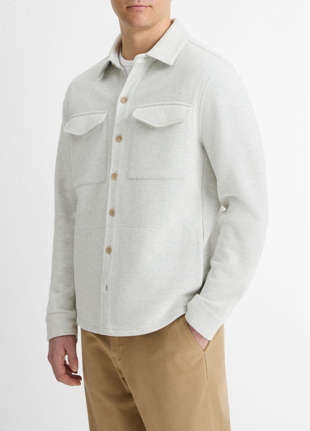 Double-Knit Cotton-Blend Piqué Shirt Jacket in Shirt Jackets - HEATHER WHITE/LIGHT HEATHER GREY