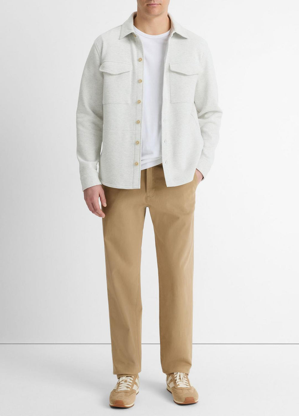 Double-Knit Cotton-Blend Piqué Shirt Jacket in Shirt Jackets - HEATHER WHITE/LIGHT HEATHER GREY