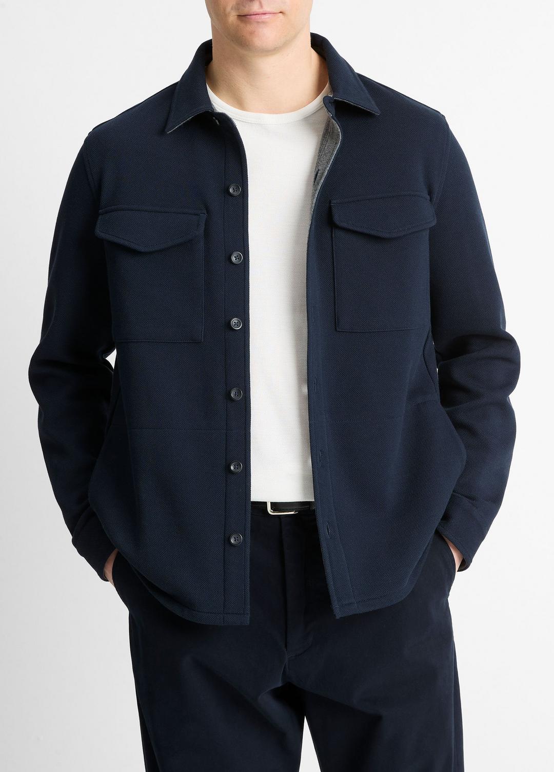 Double-Knit Cotton-Blend Piqué Shirt Jacket in Shirt Jackets - COASTAL BLUE/MEDIUM GREY