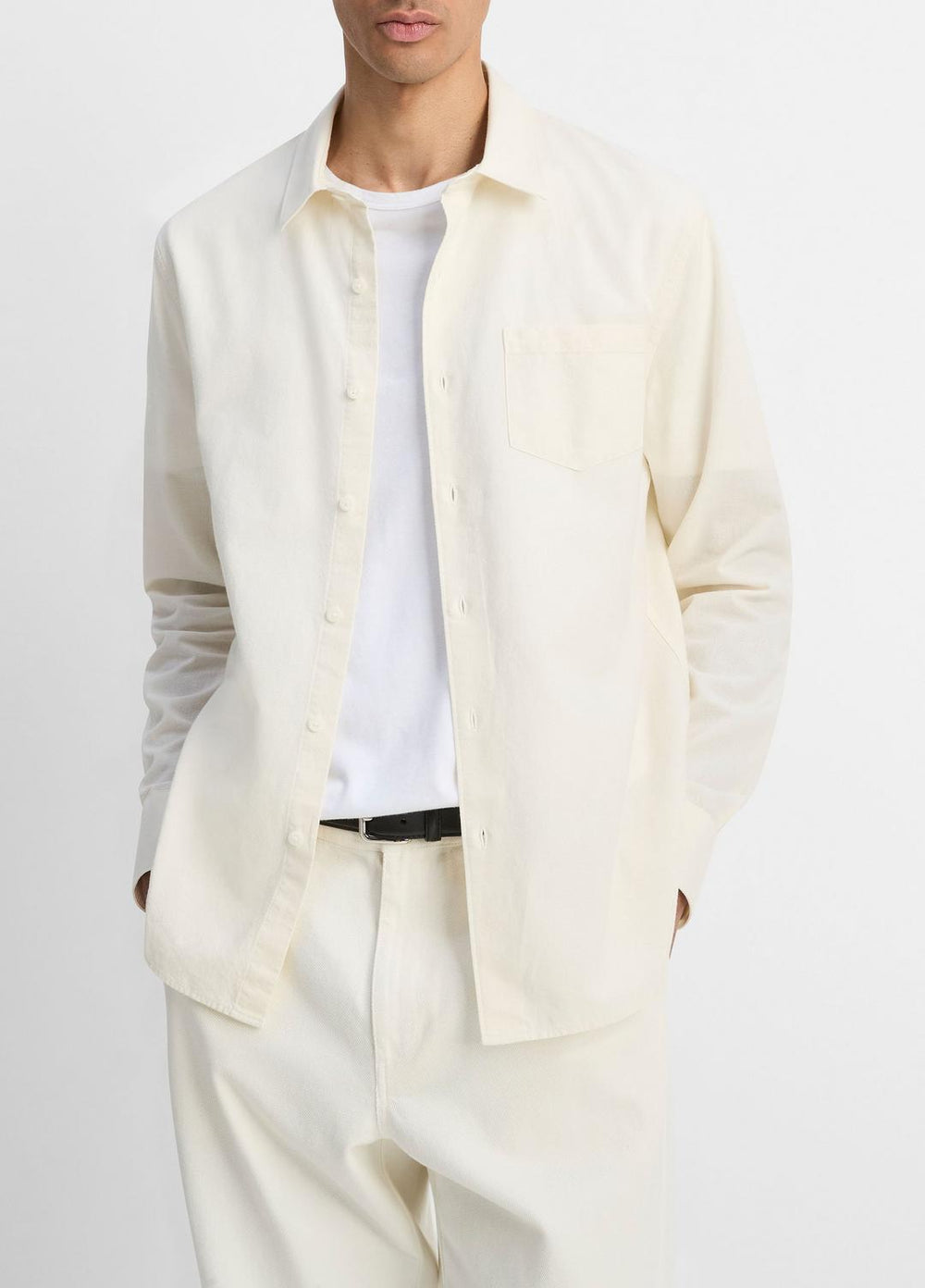 Cotton Chambray Button-Front Shirt in Long Sleeve - OFF WHITE