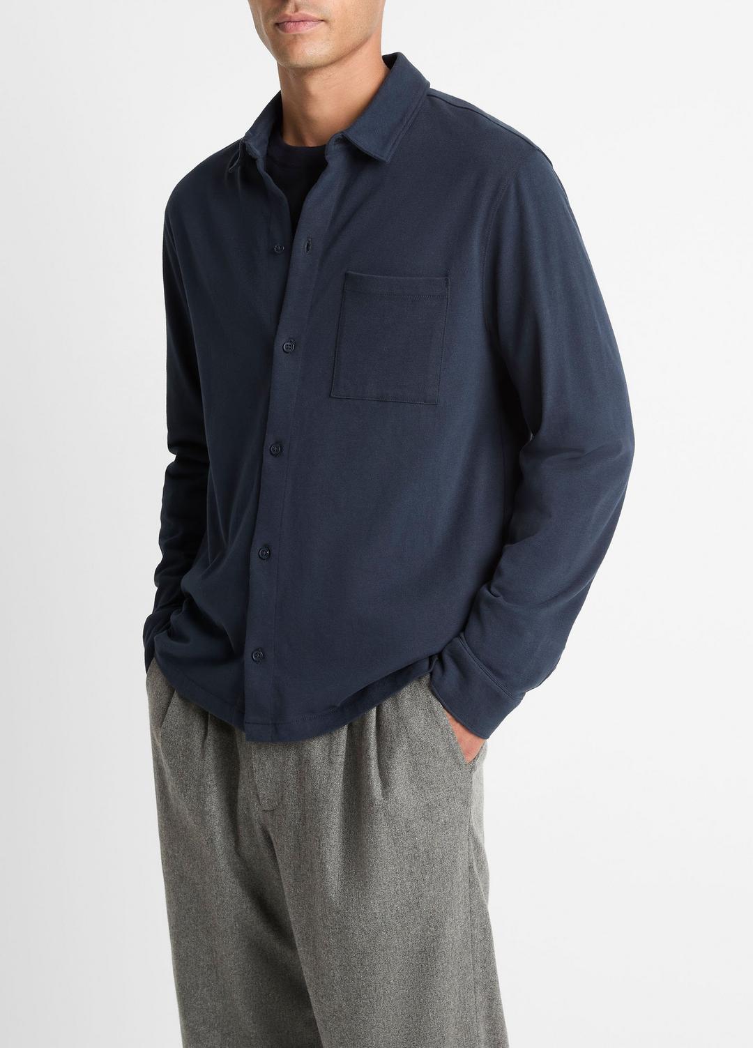 Sueded Cotton Jersey Button-Front Shirt in Long Sleeve - COASTAL BLUE