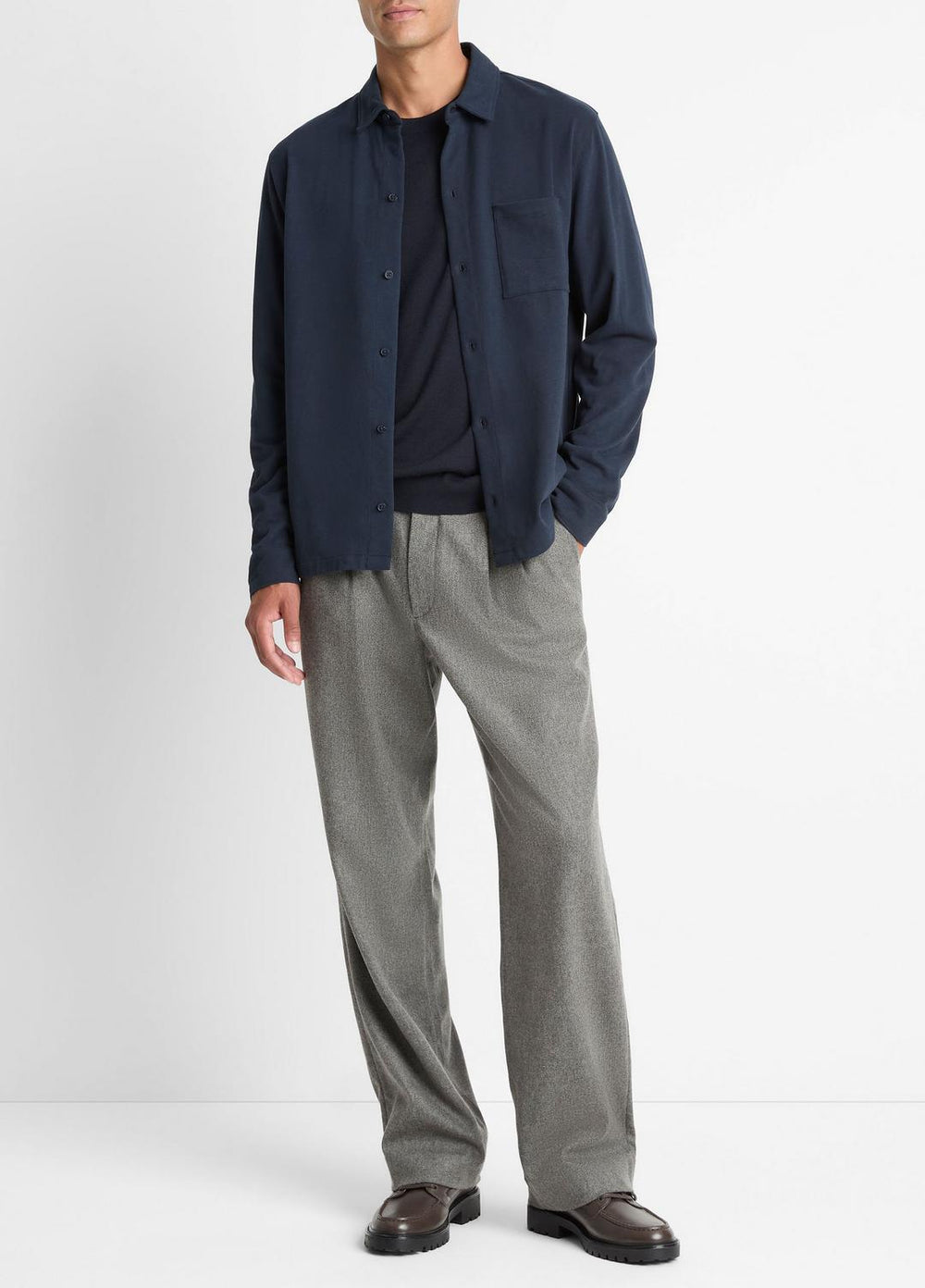 Sueded Cotton Jersey Button-Front Shirt in Long Sleeve - COASTAL BLUE