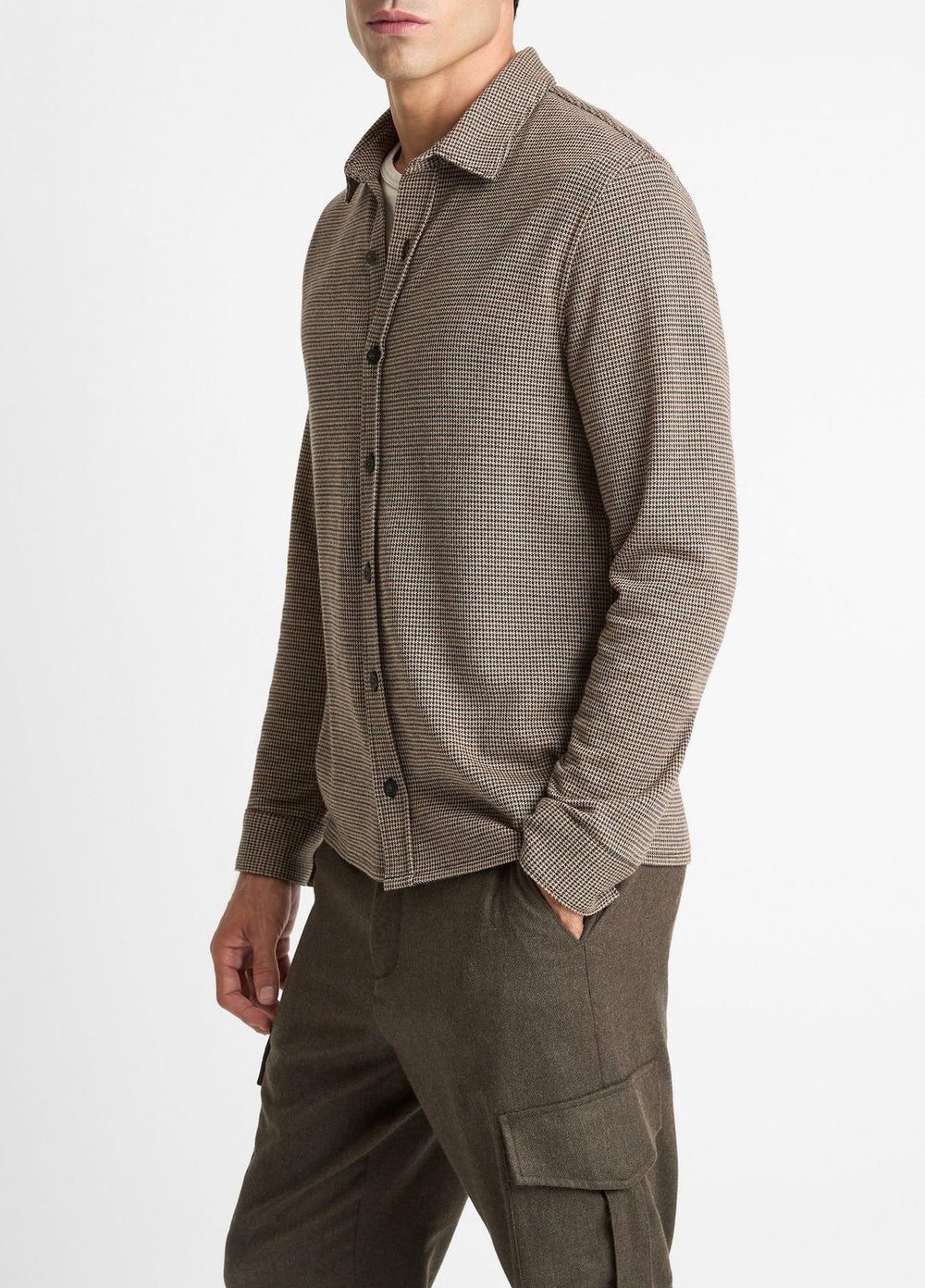 Houndstooth Cotton-Blend Button-Front Shirt in Long Sleeve - DARK ROAST COMBO