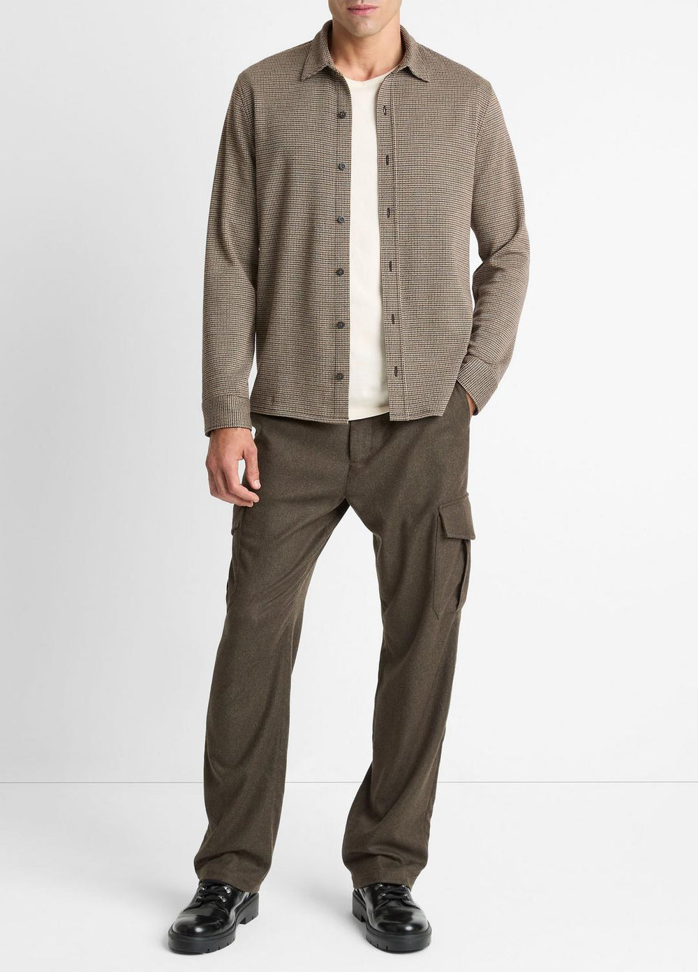Houndstooth Cotton-Blend Button-Front Shirt in Long Sleeve - DARK ROAST COMBO