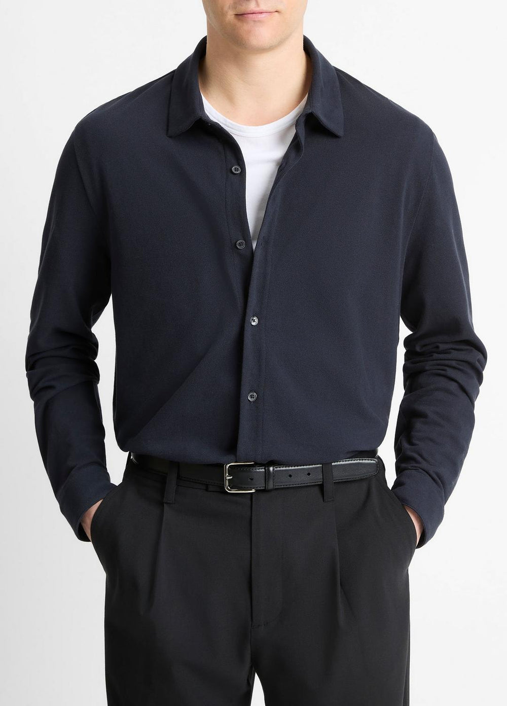 Cotton Piqué Button-Front Shirt in Long Sleeve - COASTAL BLUE