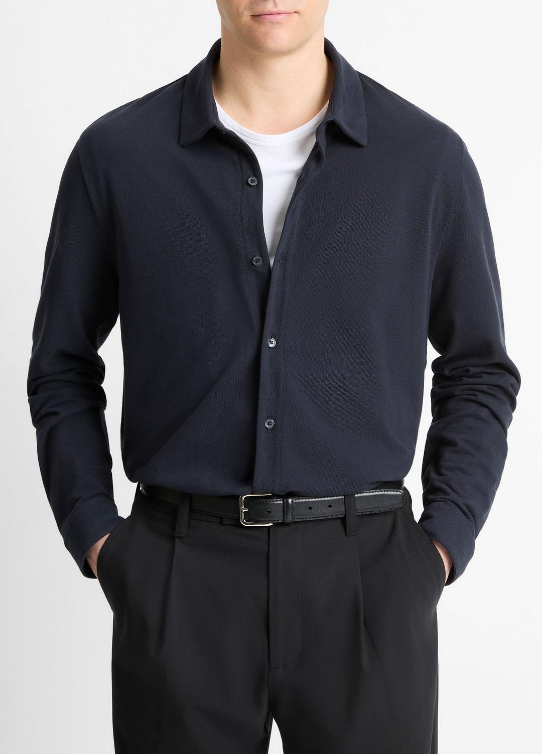 Cotton Piqué Button-Front Shirt in Long Sleeve - COASTAL BLUE