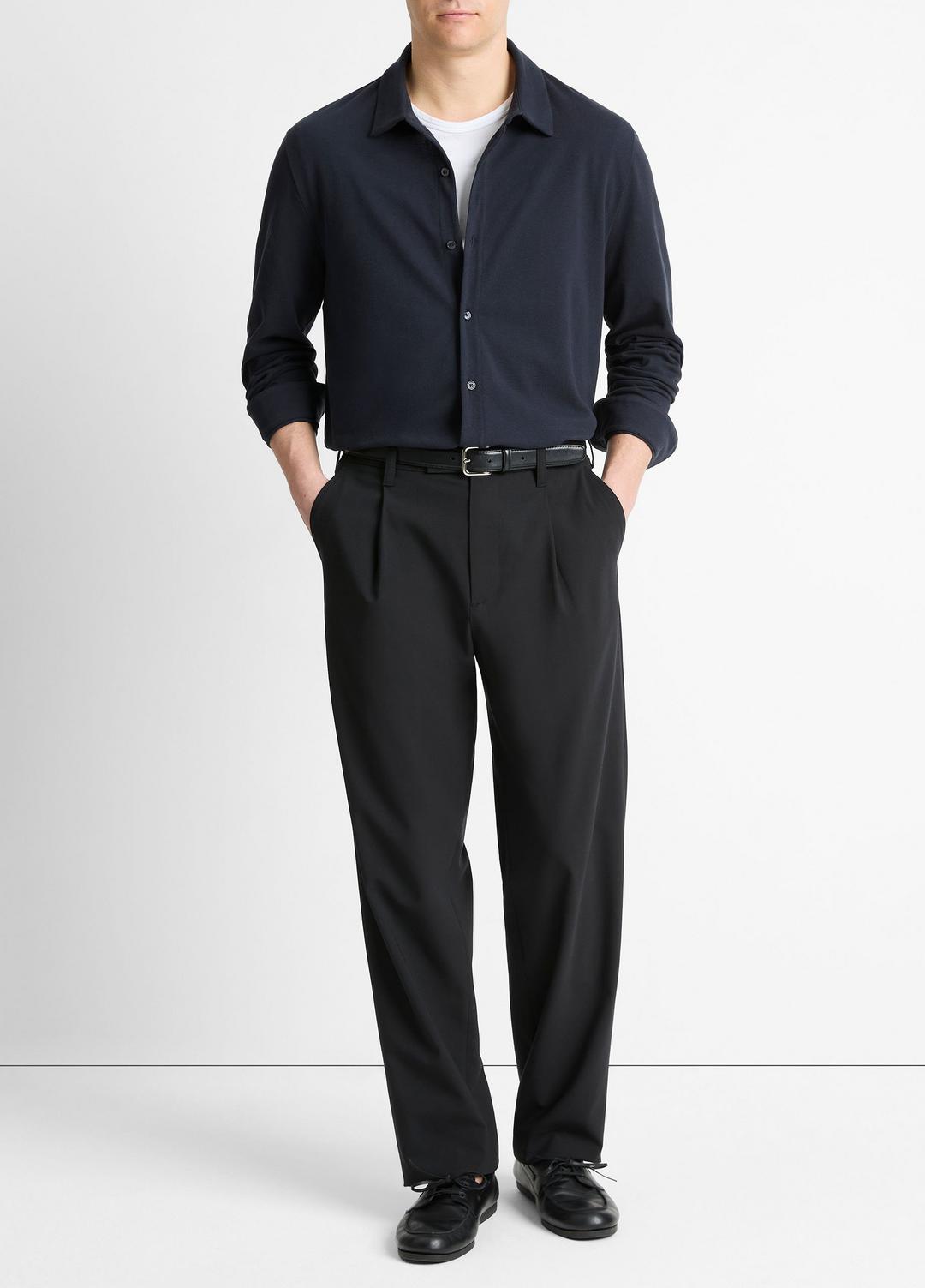 Cotton Piqué Button-Front Shirt in Long Sleeve - COASTAL BLUE