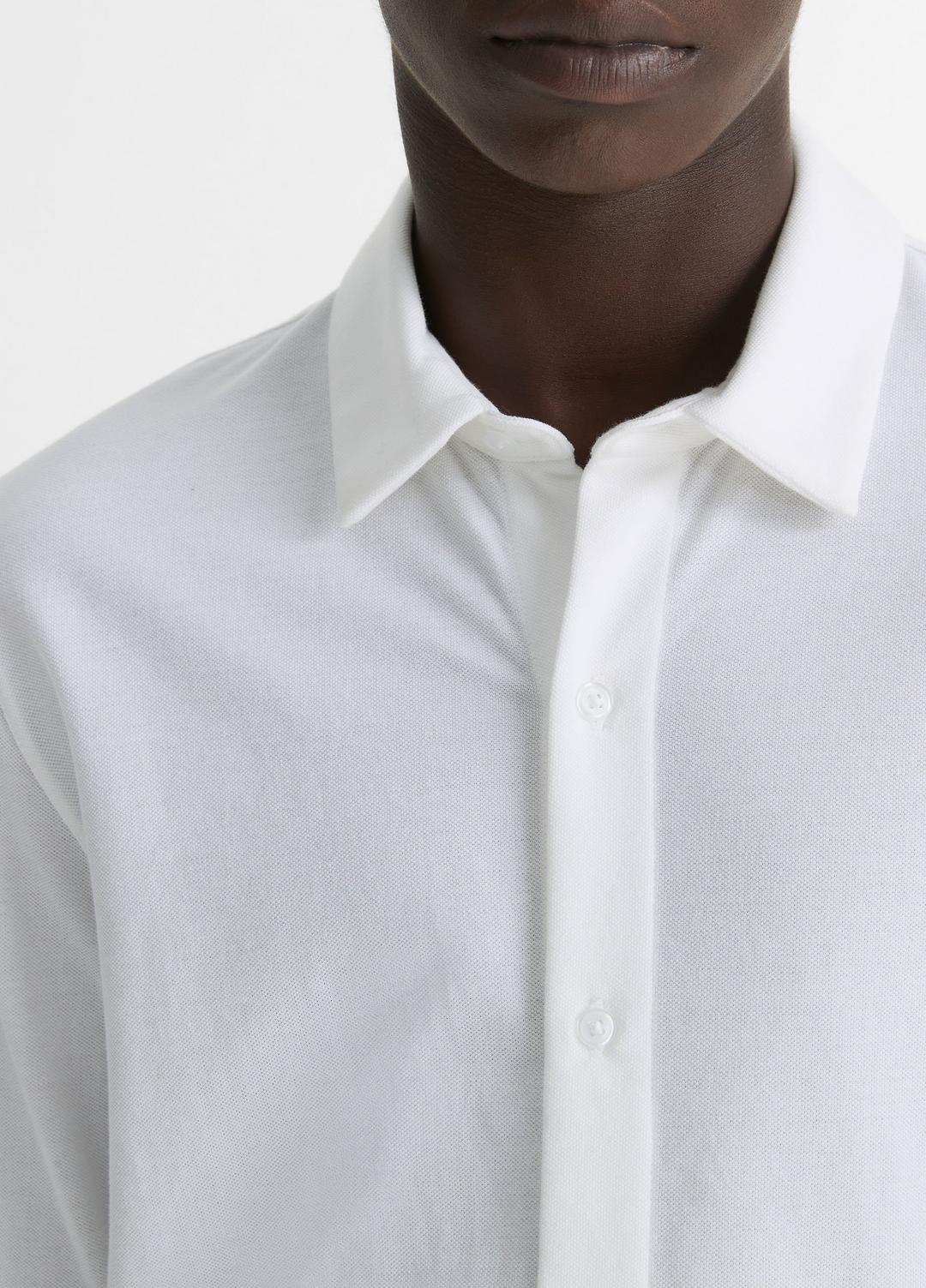 Cotton Piqué Button-Front Shirt in Long Sleeve - OPTIC WHITE