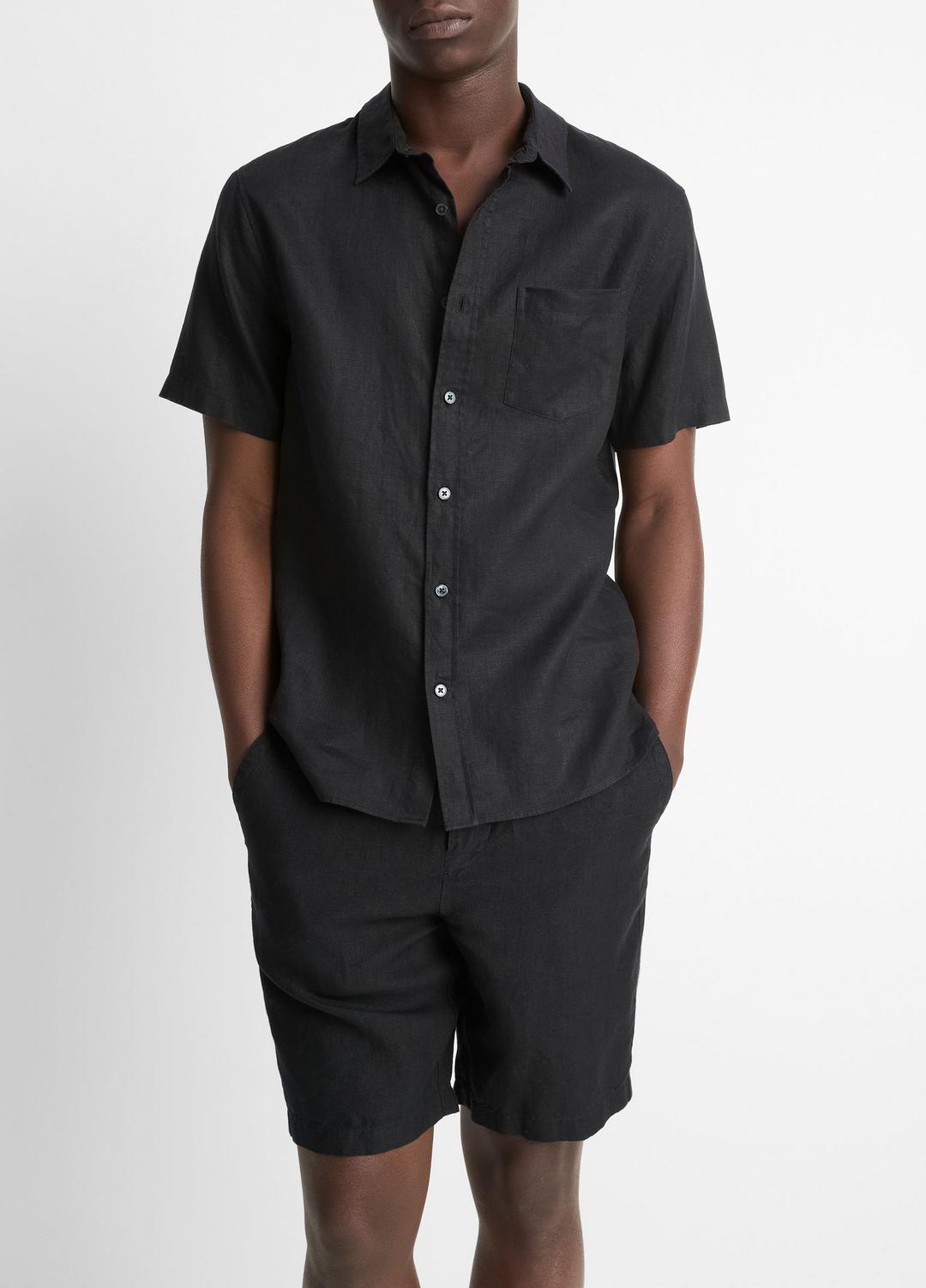 Linen Short-Sleeve Shirt in Short Sleeve - BLACK