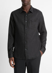 Linen Long-Sleeve Shirt in Long Sleeve - BLACK