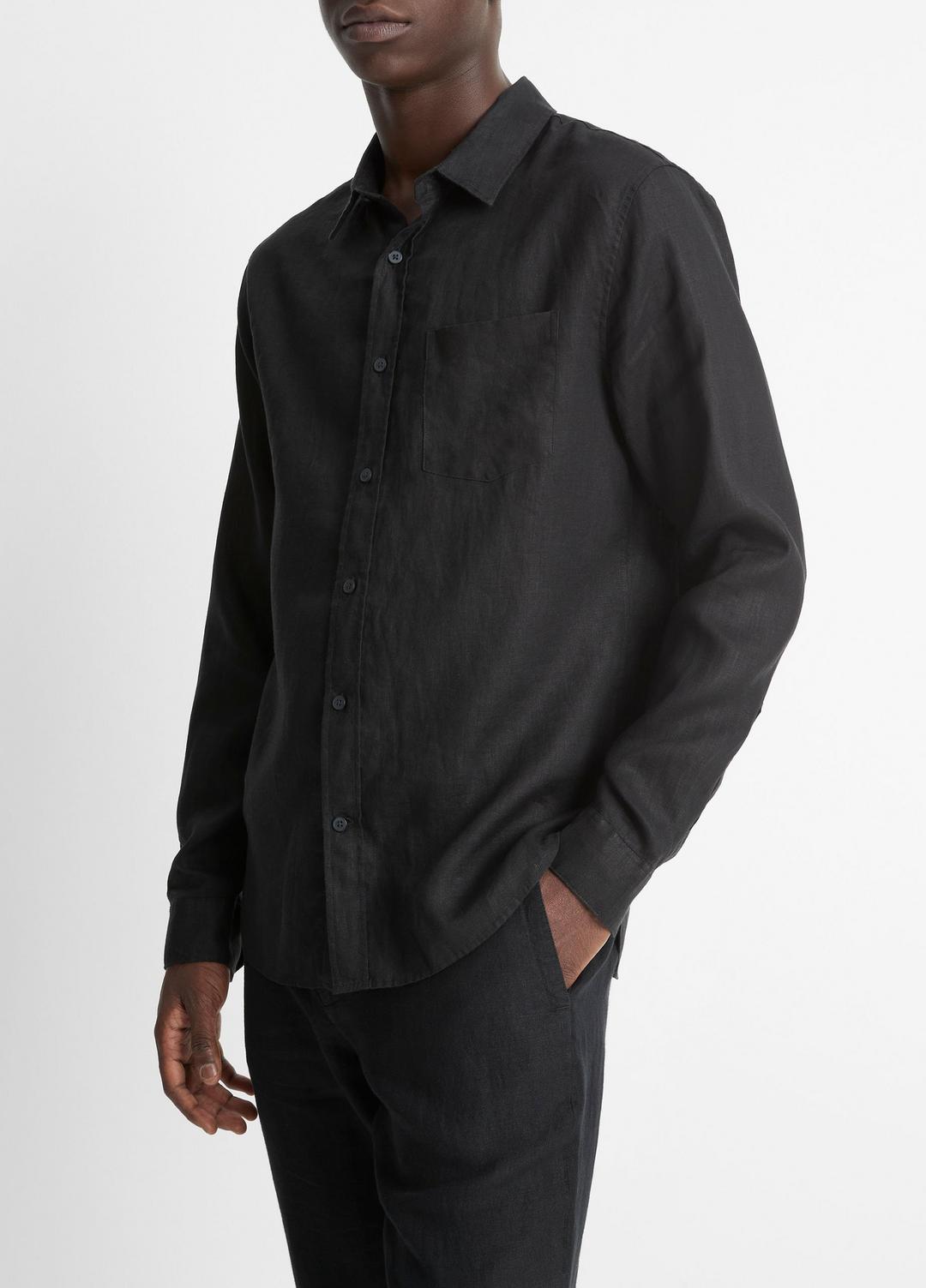 Linen Long-Sleeve Shirt in Long Sleeve - BLACK