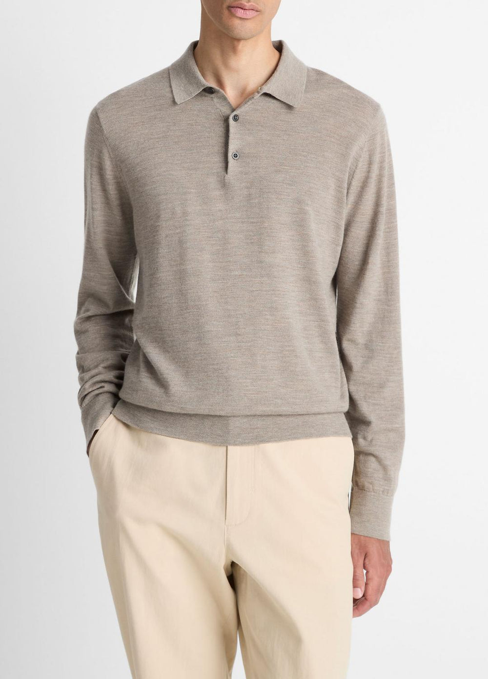 Featherweight Merino Wool-Cashmere Polo Sweater in Long Sleeve - HEATHER SMOKE